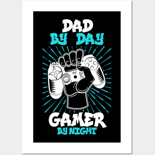 Dad By Day Gamer By Night Funny Video Gamer Gift T-Shirt Posters and Art